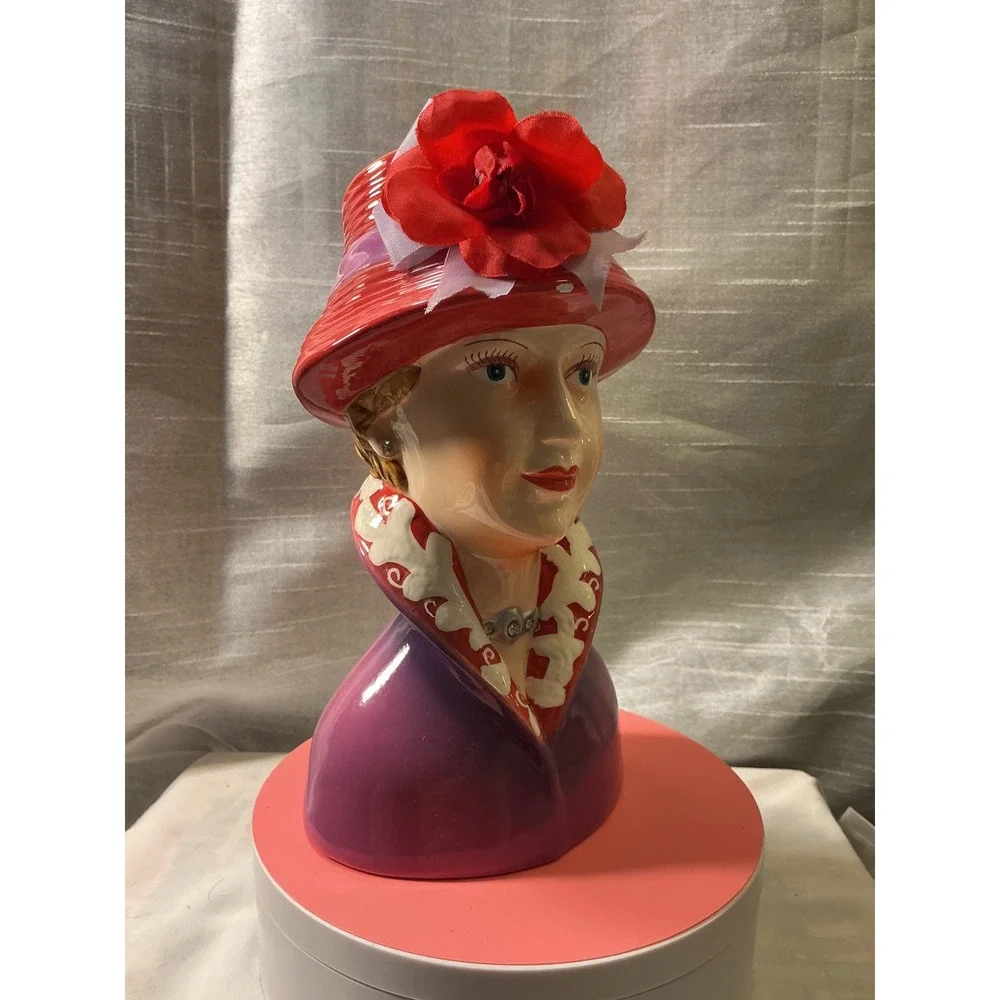 Vintage Style Ceramic Lady Head Vase Purple Coat Red Hat Floral Accent 9.5 inch